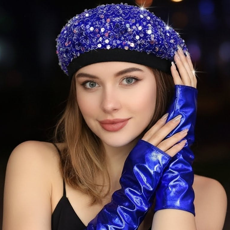 Chapeau béret à sequins- gants mitaines à sequins