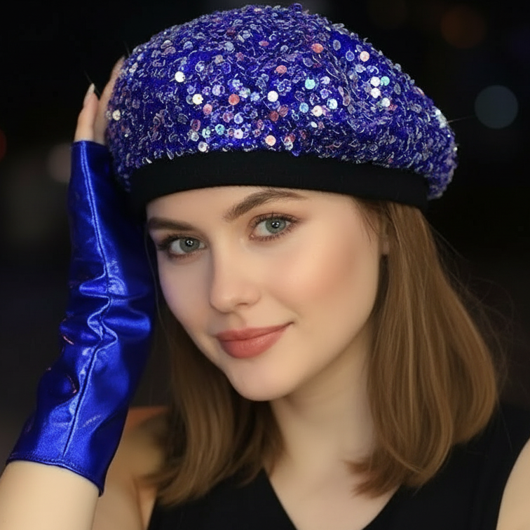 Chapeau béret à sequins- gants mitaines à sequins