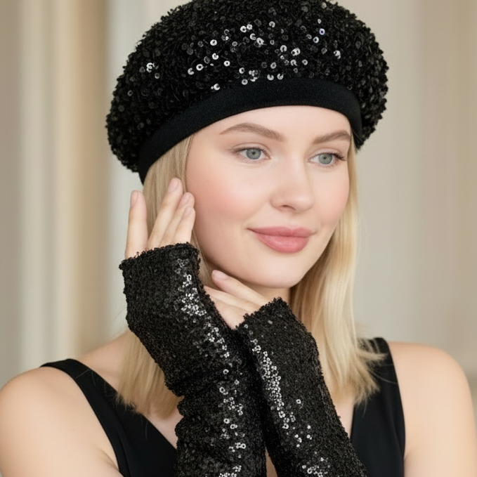 Chapeau béret à sequins- gants mitaines à sequins