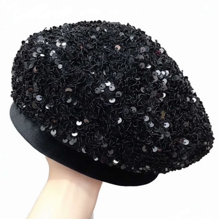Chapeau béret à sequins- gants mitaines à sequins