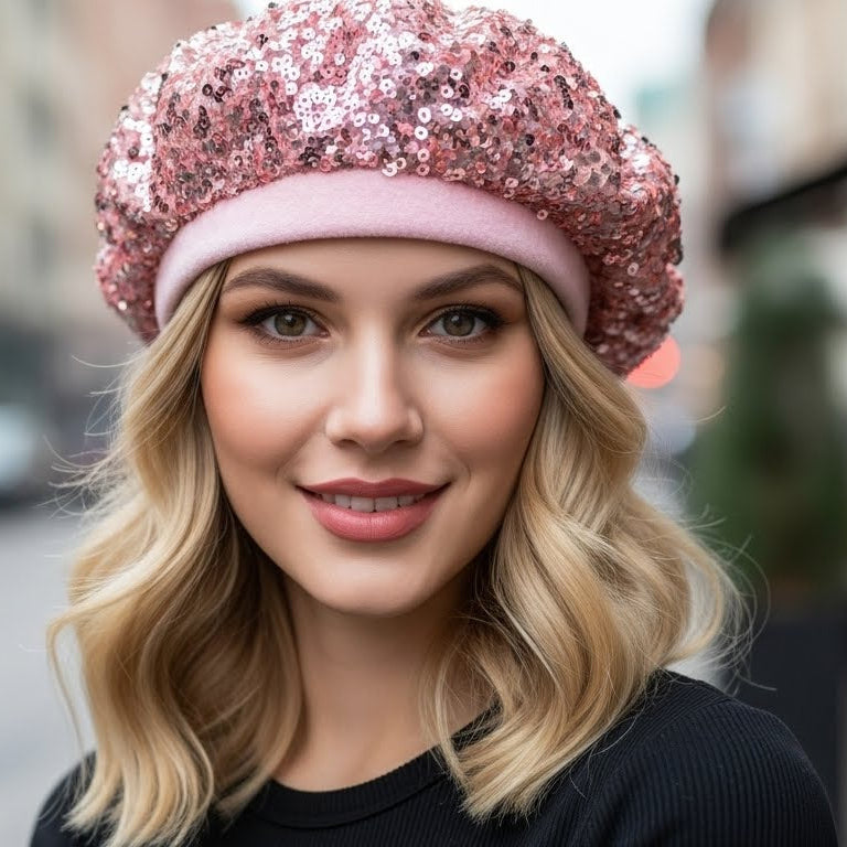 Chapeau béret à sequins- gants mitaines à sequins