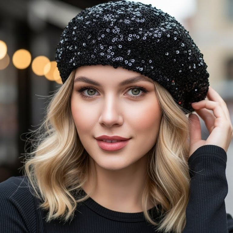 Chapeau béret à sequins- gants mitaines à sequins