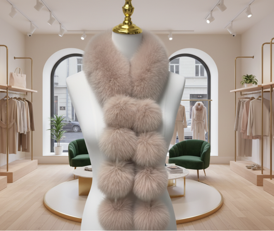 Longue Echarpe fourrure et  pompons