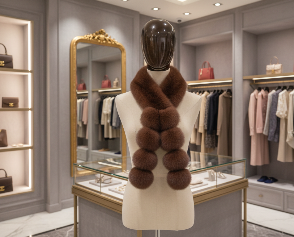 Longue Echarpe fourrure et  pompons