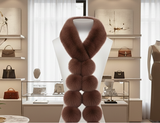 Longue Echarpe fourrure et  pompons