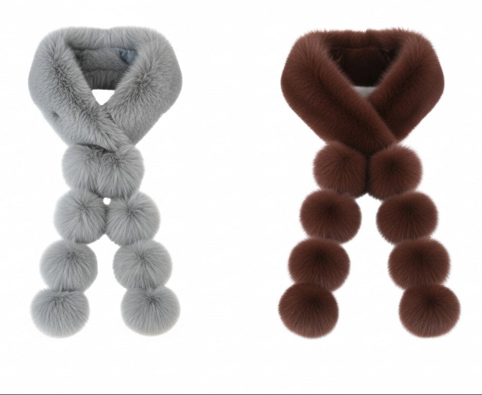 Longue Echarpe fourrure et  pompons