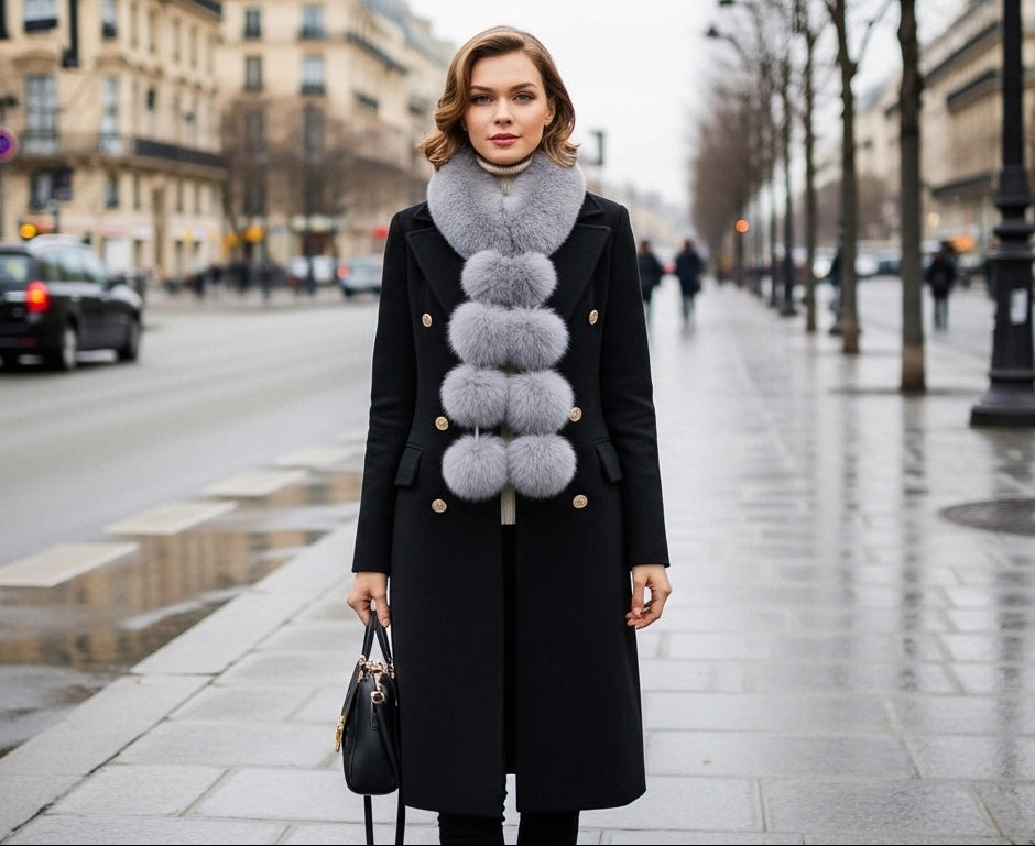 Longue Echarpe fourrure et  pompons